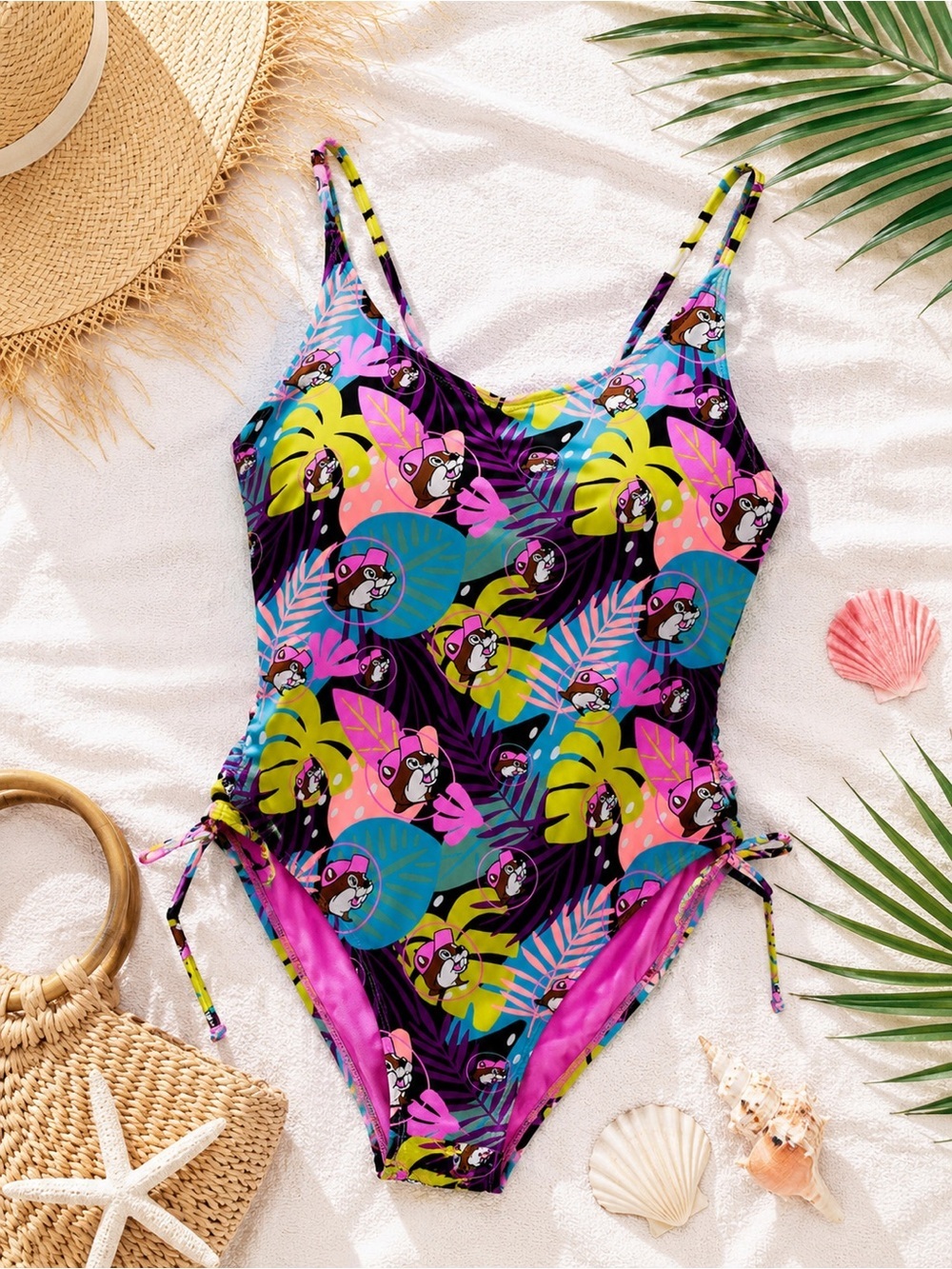 BUC-EE'S Women's Tropical Beaver One-Piece Swimsuit – Pink Blue & Yellow Size XL